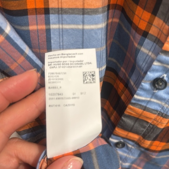 HUGO BOSS Orange and Blue Plaid Regular Fit Stretch Casual Button Down Shirt L - Picture 7 of 7